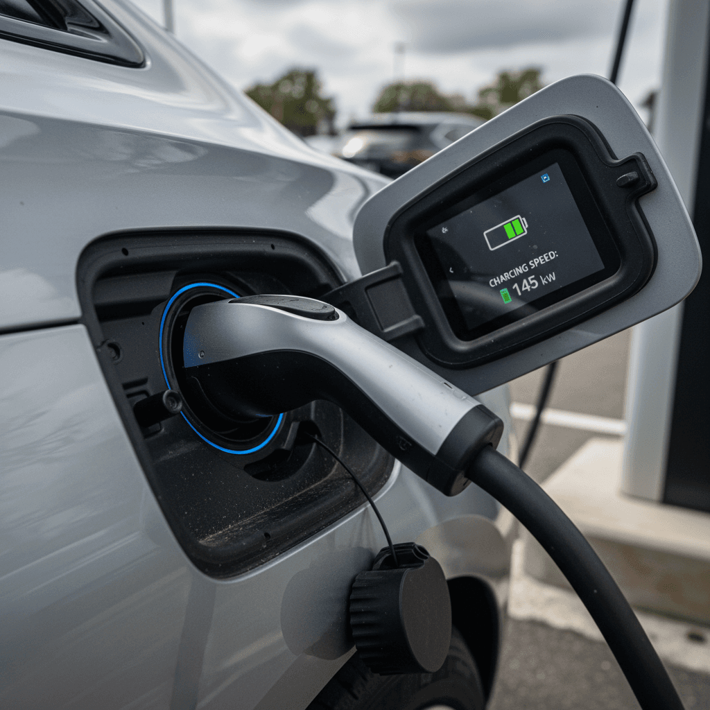 Close-up of a Cadillac Lyriq charge port and in-car screen showing state of charge and charging settings.