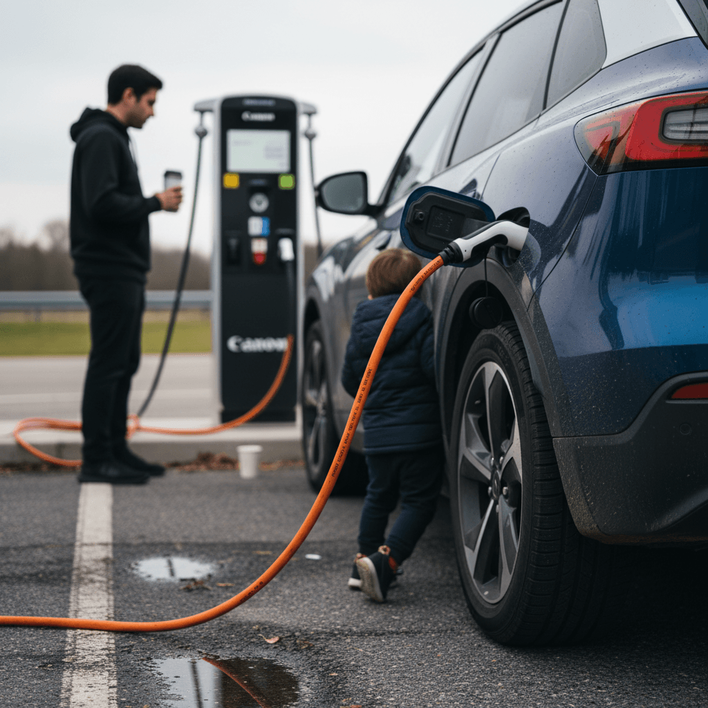 Electric vehicle plugged into a DC fast charger at a highway rest stop during a family road trip