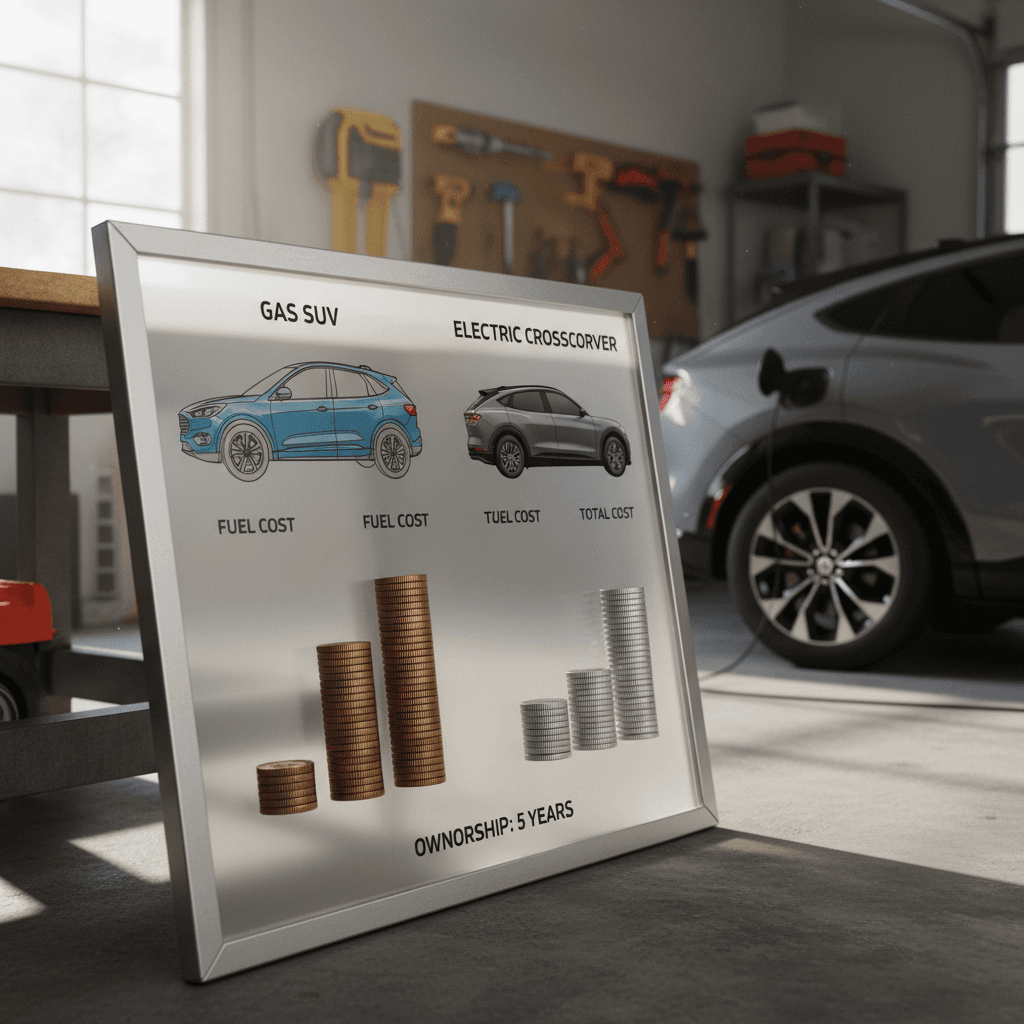 Side-by-side graphic showing annual fuel cost for a gas Ford Escape versus electricity cost for a Ford Mustang Mach-E at average U.S. prices.