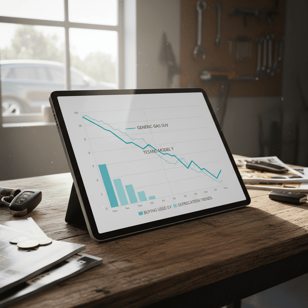 Illustrated depreciation curves for a Tesla Model Y and a comparable gas SUV over five years, showing a steeper early drop for the EV that levels off later