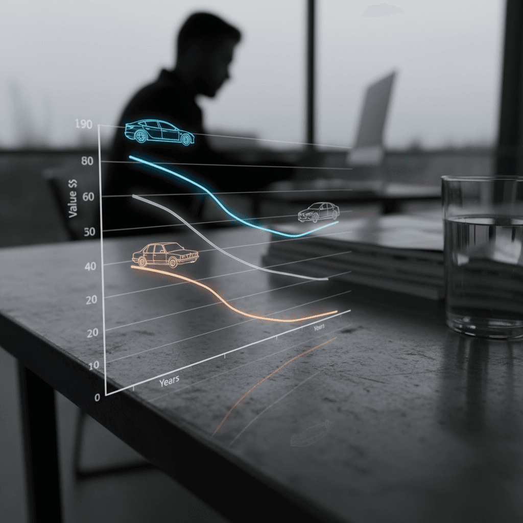 Illustrated depreciation curves comparing BMW i4, Tesla Model 3, and a gas BMW 3 Series over 10 years