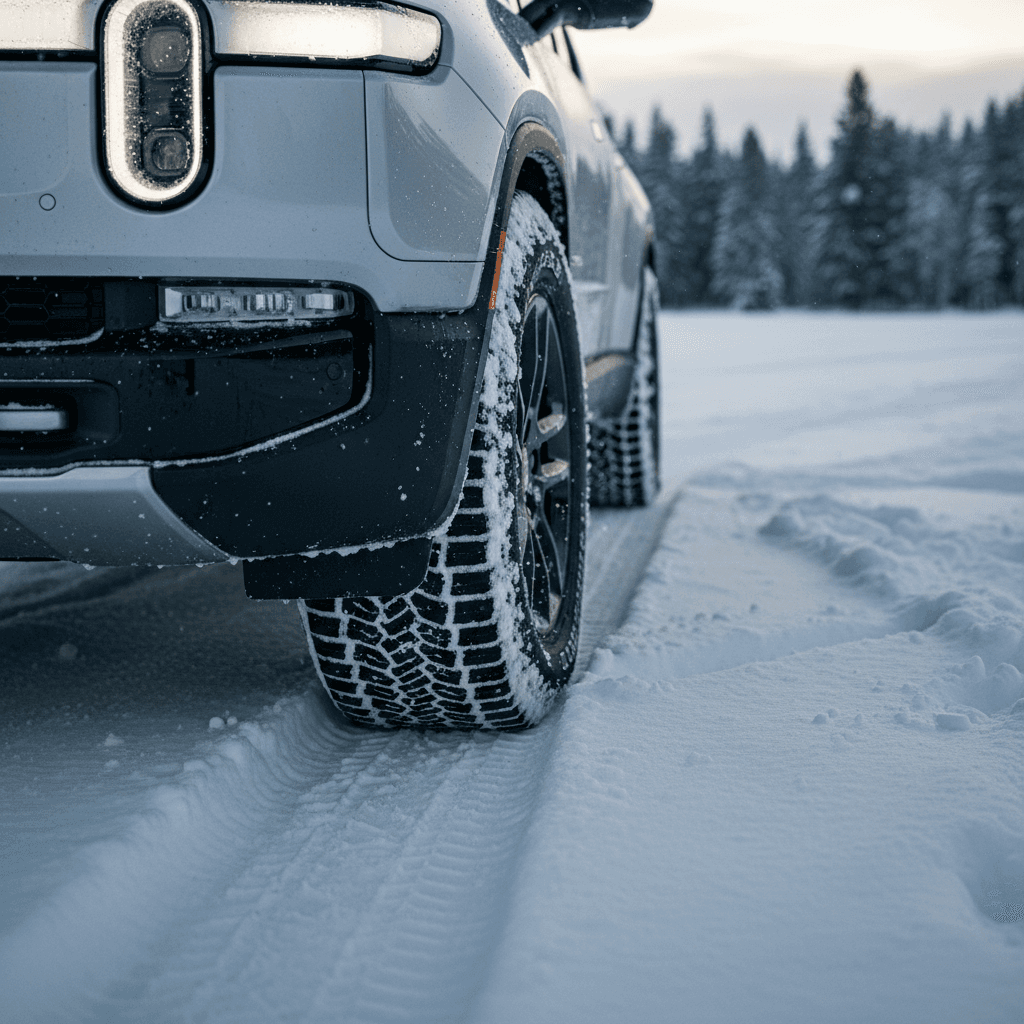 Rivian R1T front wheel with aggressive winter tire tread parked on packed snow