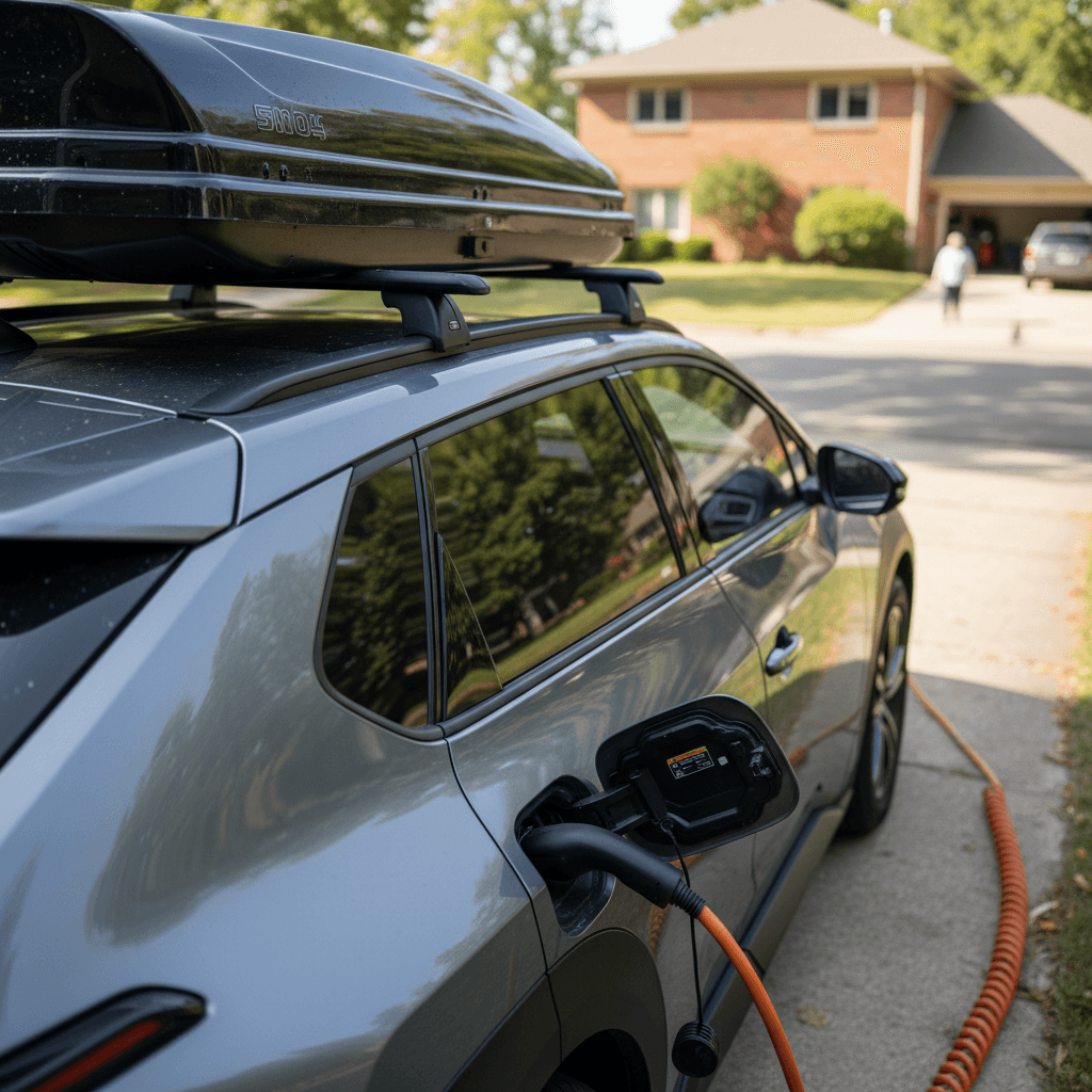Toyota bZ4X with factory-style roof cross bars and a low-profile cargo box mounted