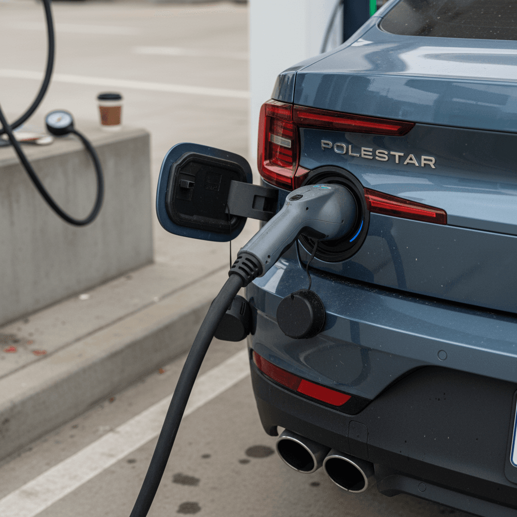 Close-up of a 2024 Polestar 2 charging at a DC fast charger, showing rear badge and charge port