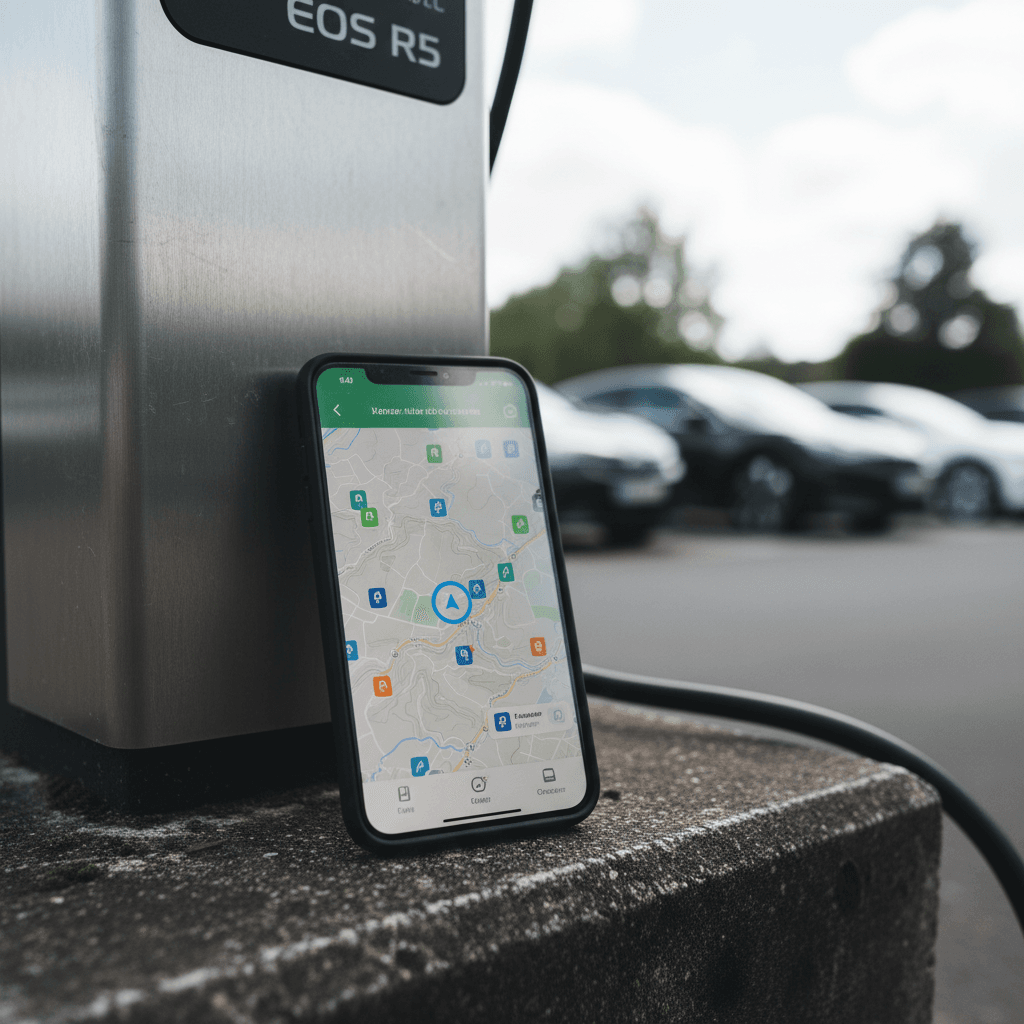 Driver holding a smartphone showing a map of EV charging stations nearby