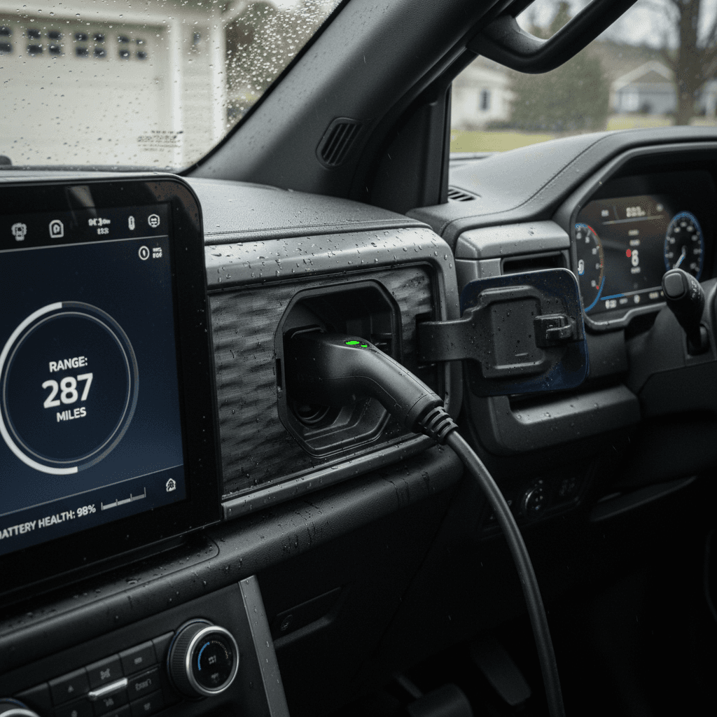 Ford F-150 Lightning digital dashboard showing battery state of charge and estimated range