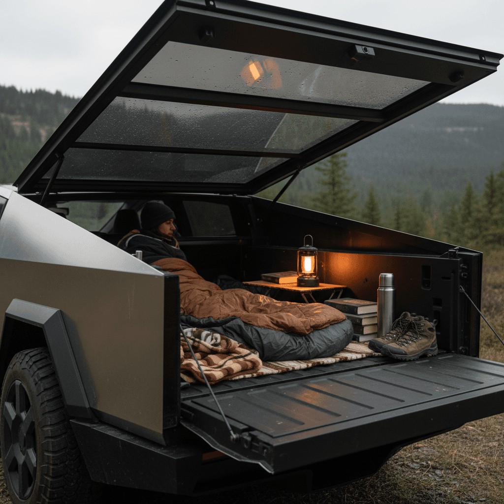Person camping and sleeping inside the Tesla Cybertruck vault on an air mattress with the tonneau cover closed.