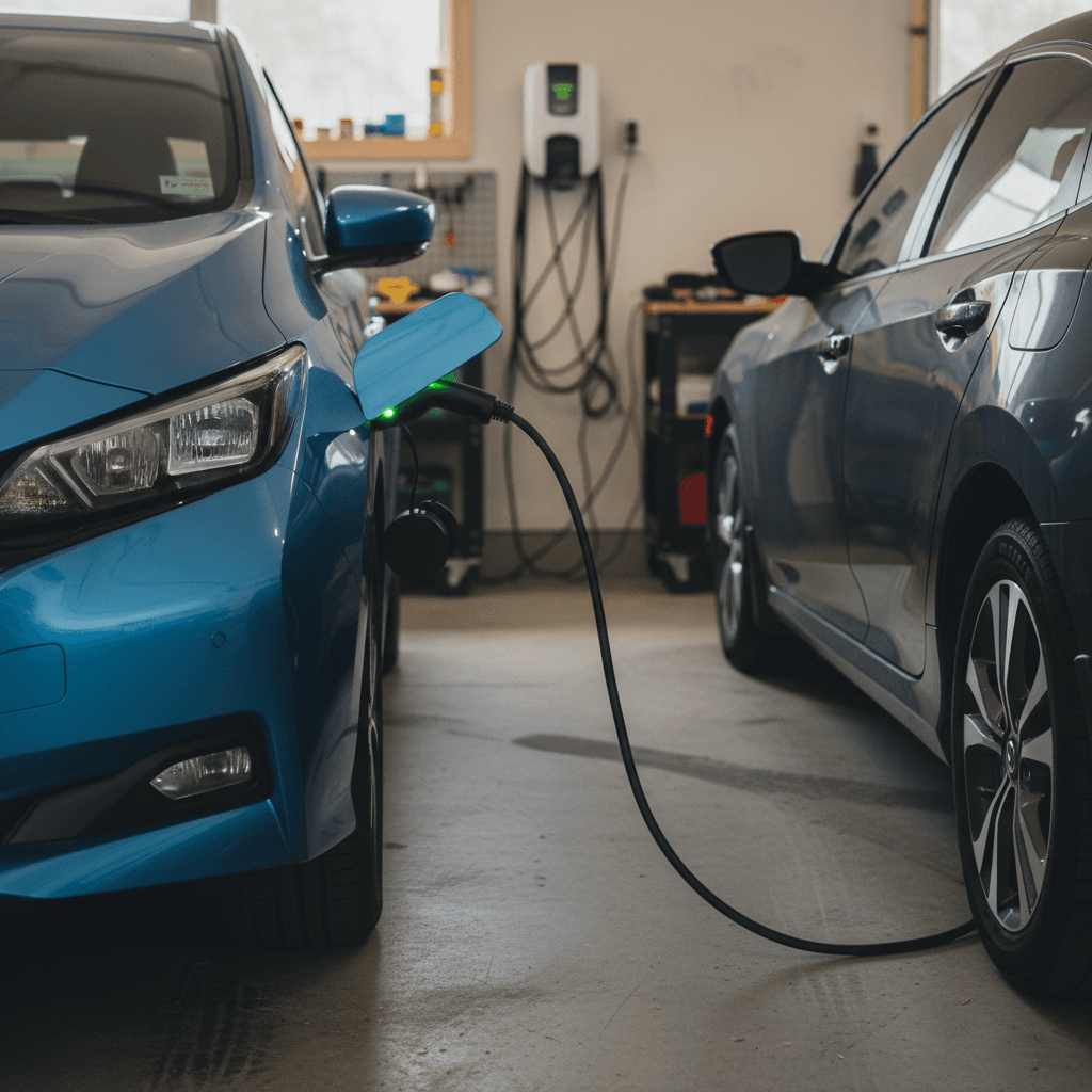 Nissan Leaf charging from a Level 2 home charger in a suburban garage, replacing a Honda Civic as a daily commuter car