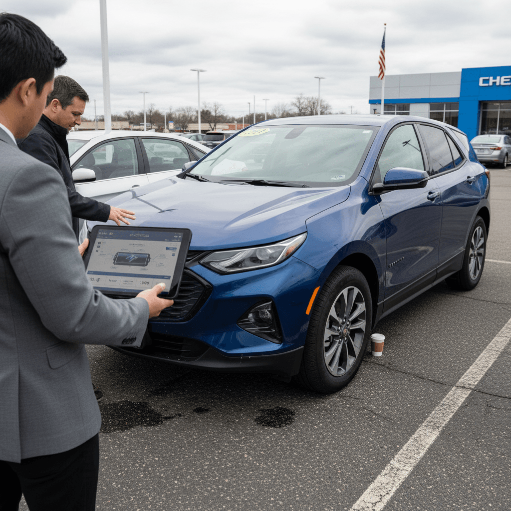 Used 2024 Chevrolet Equinox EV being appraised at a dealership, with salesperson reviewing trade-in value on a tablet next to the SUV.