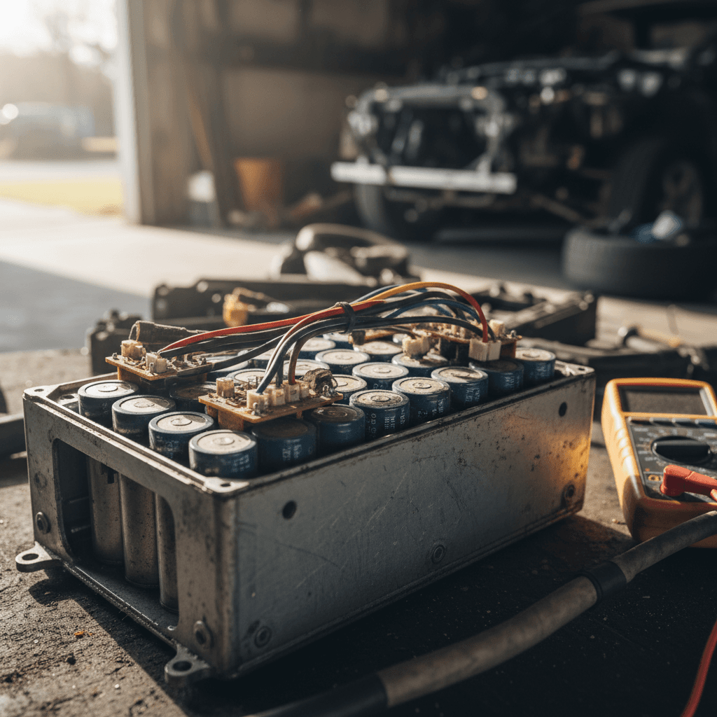 Undercar view of an EV battery pack mounted in the vehicle floor