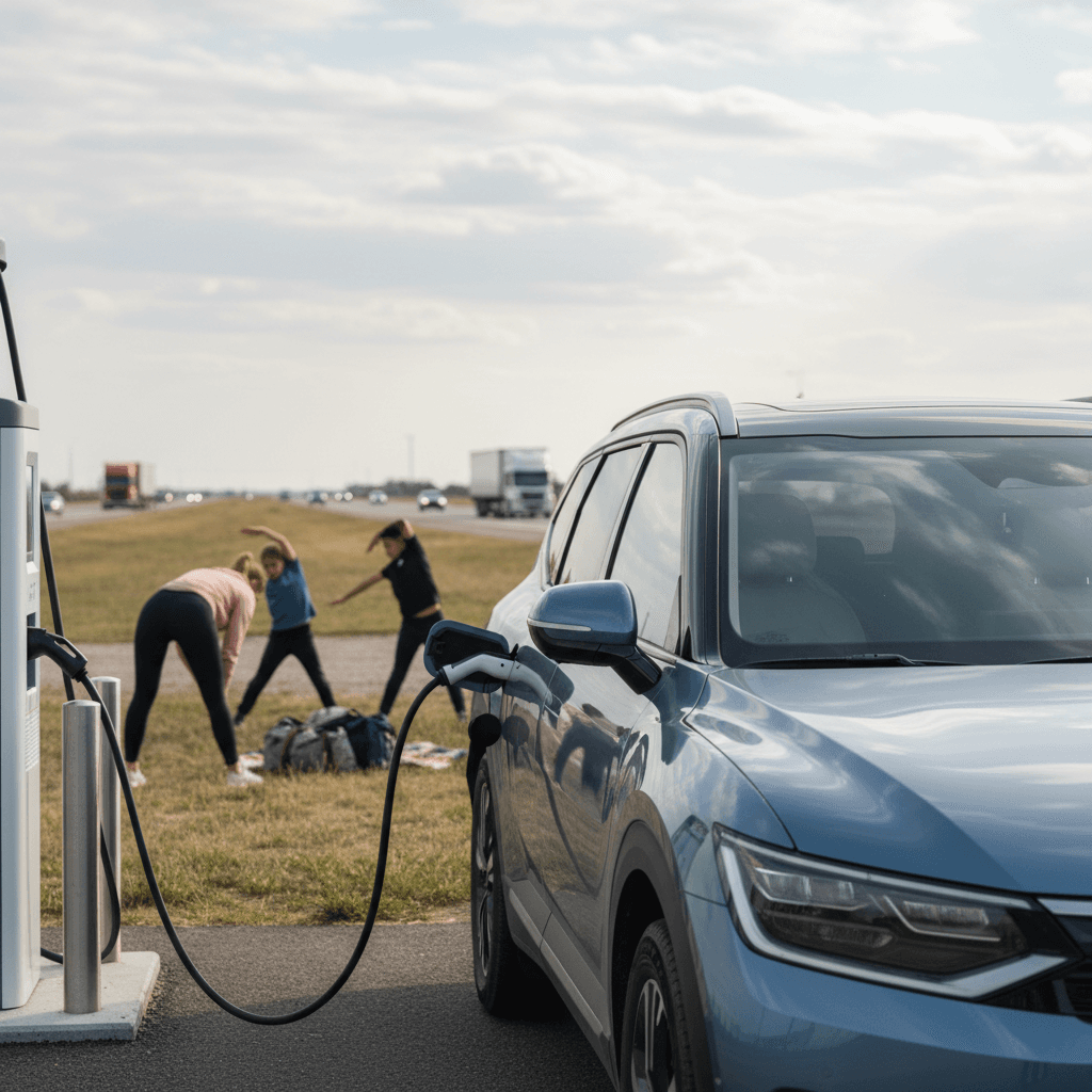 Kia EV9 charging at a highway fast-charging plaza while a family stretches their legs nearby
