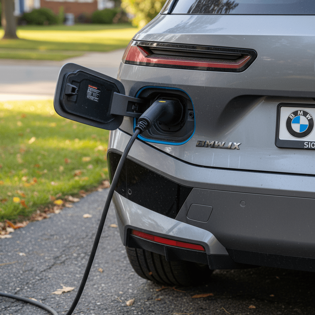 BMW iX parked in a driveway and plugged into a home EV charger, with emphasis on the rear badge and charging port