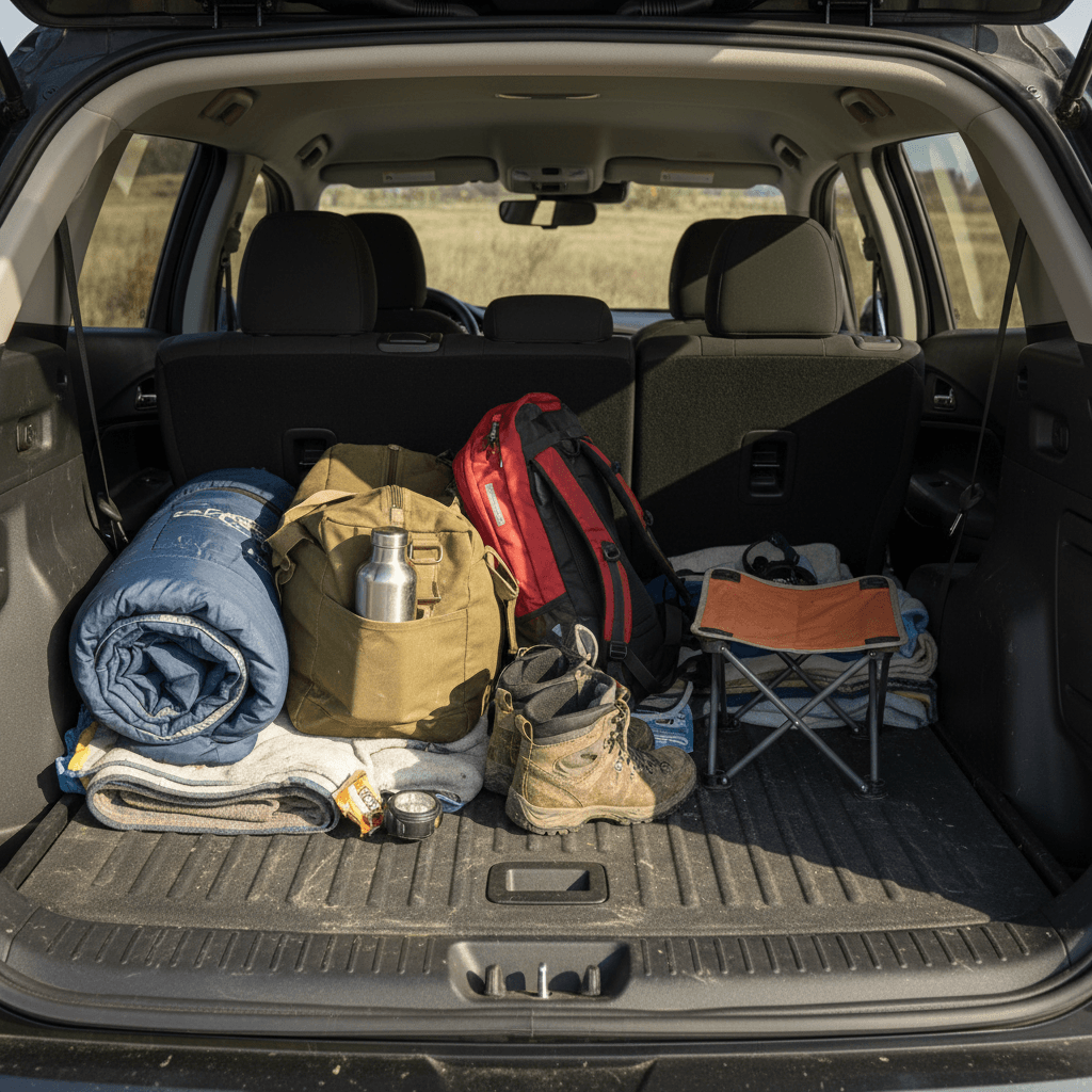Chevrolet Bolt EUV interior with rear seats folded flat and camping gear loaded behind the front seats
