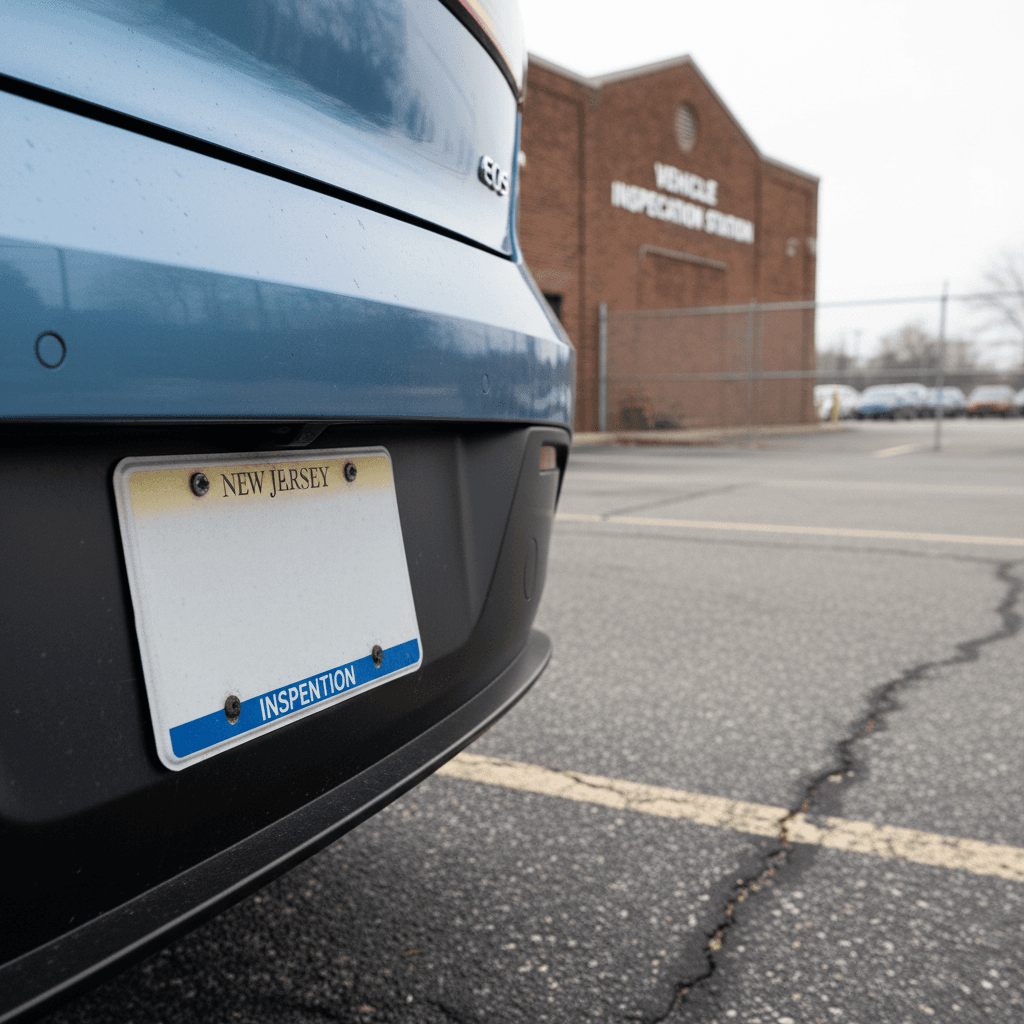 Electric car with New Jersey license plate parked outside a state inspection station, showing no inspection sticker is required for EVs