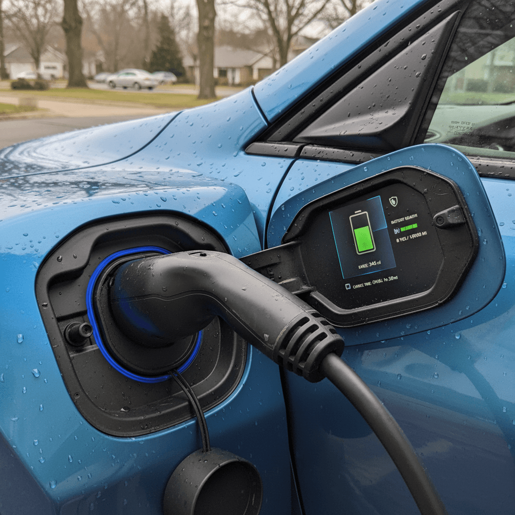 Digital display inside a Chevrolet Equinox EV showing detailed battery charge and range information while plugged in