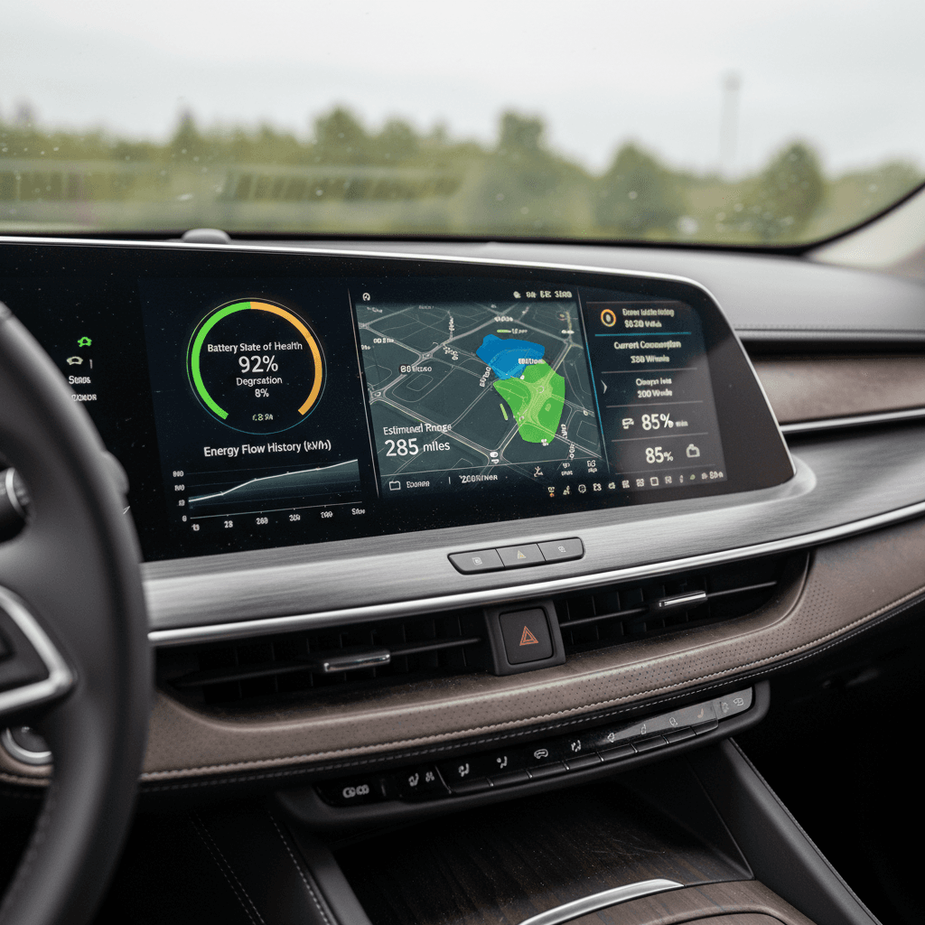 Cadillac Lyriq central touchscreen showing battery and energy information tiles