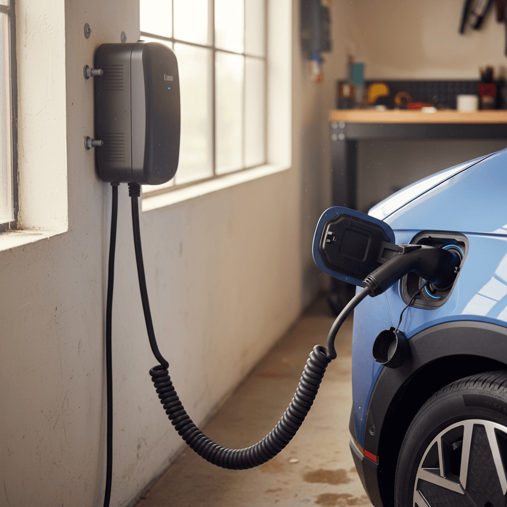 A wall-mounted Level 2 home charger plugged into a Hyundai Ioniq 5 in a clean residential garage