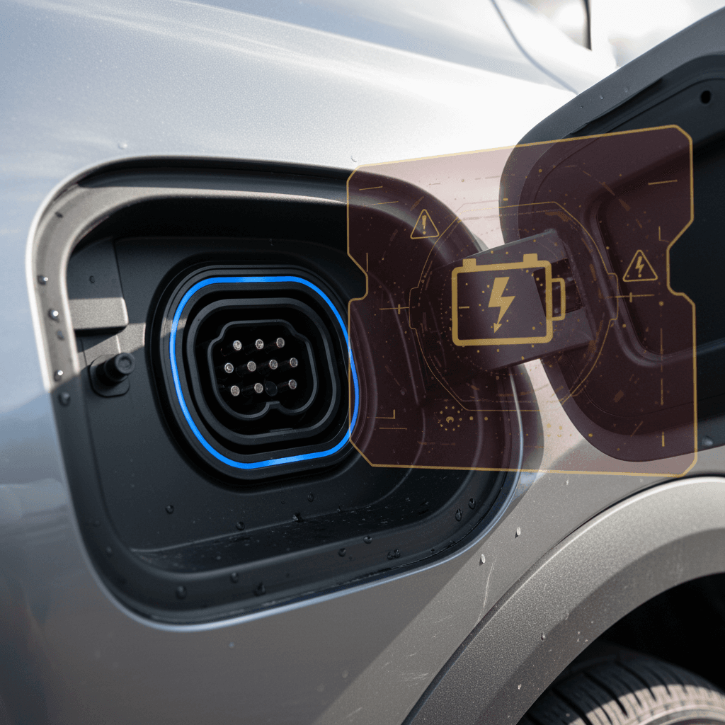 Close-up of a Honda Prologue charging port and battery status warning icon on a digital display