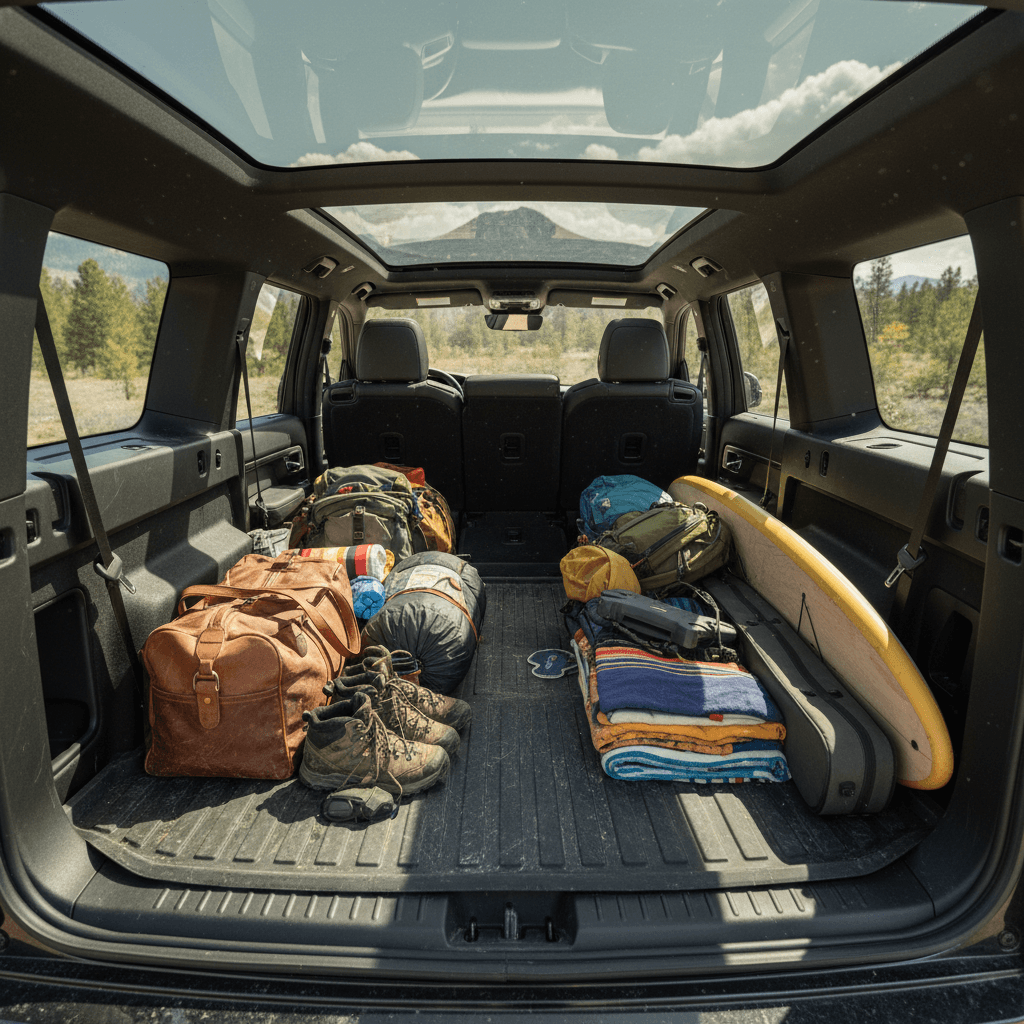 Rivian R1S interior shown from above with second and third rows folded flat to maximize cargo space
