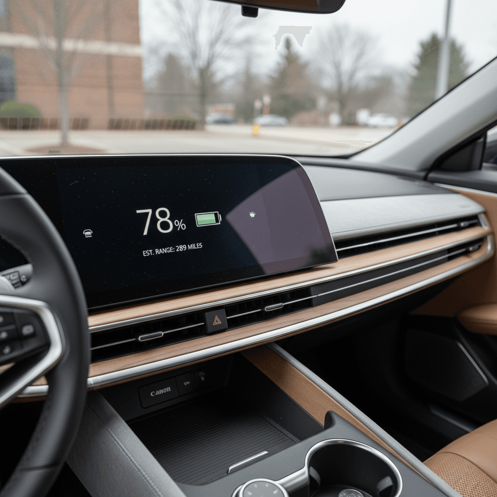 Lucid Air interior showing digital instruments with battery percentage and range estimate visible