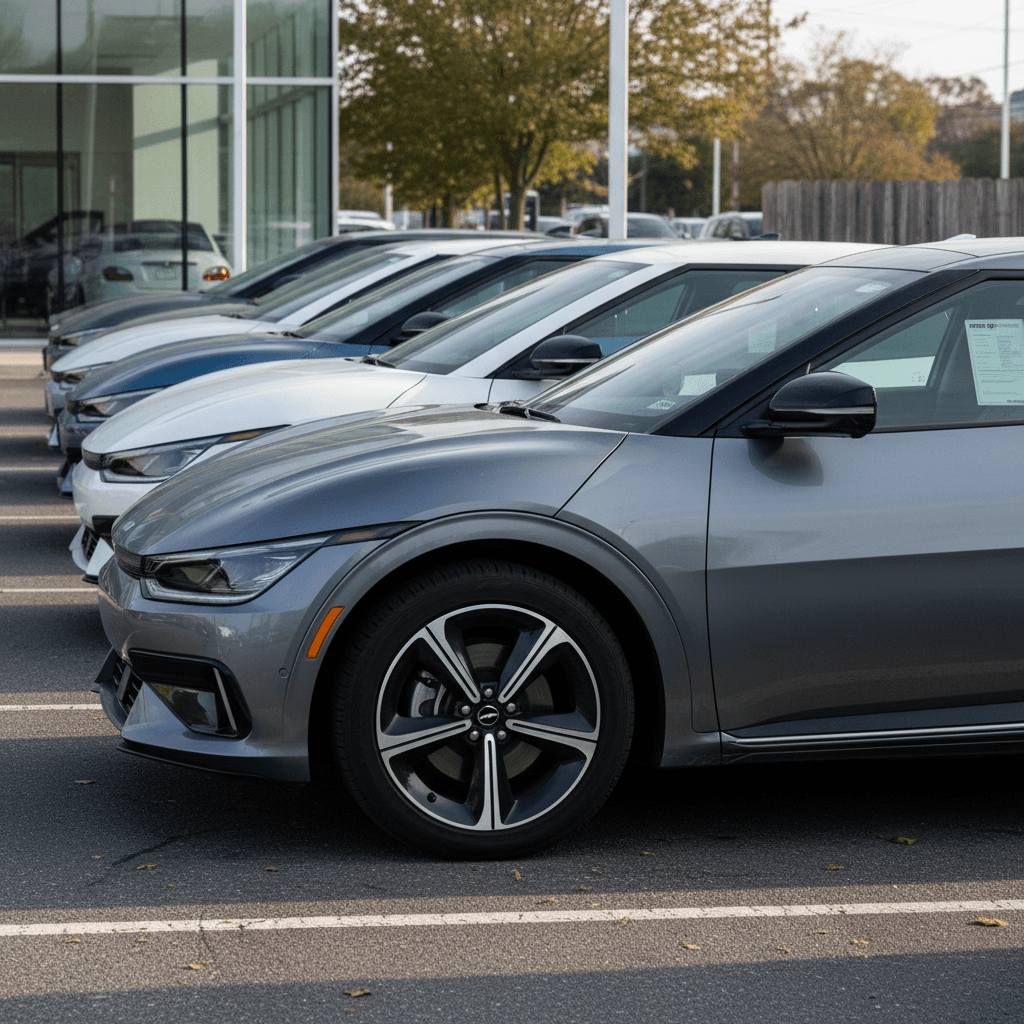Multiple used Porsche Taycans lined up at a dealer lot, each with price stickers showing lower prices than original MSRP