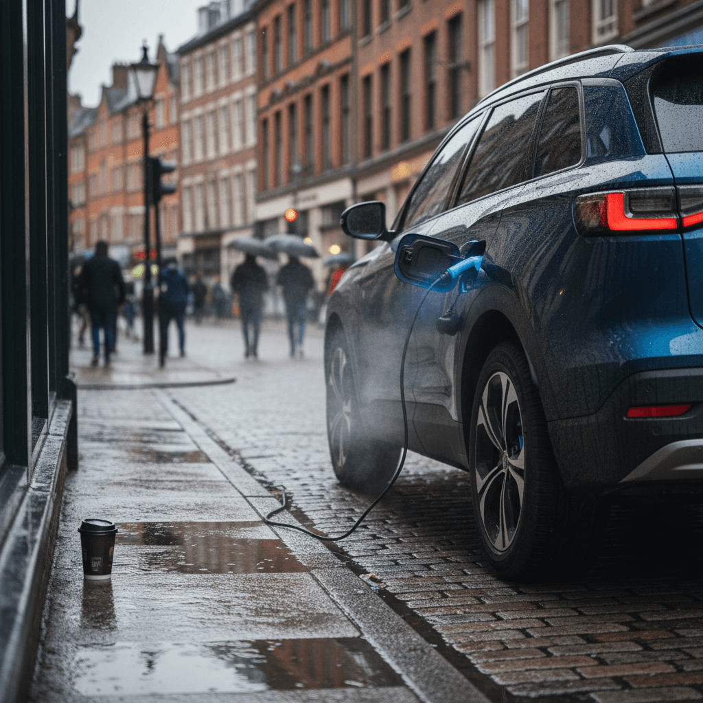 Hybrid car slowing on a city street where frequent braking enables regenerative energy capture