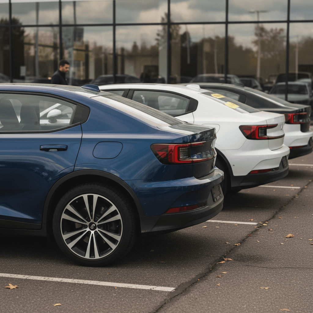 Row of used Polestar 2 electric sedans lined up at a dealership, illustrating real-world depreciation on the used EV market
