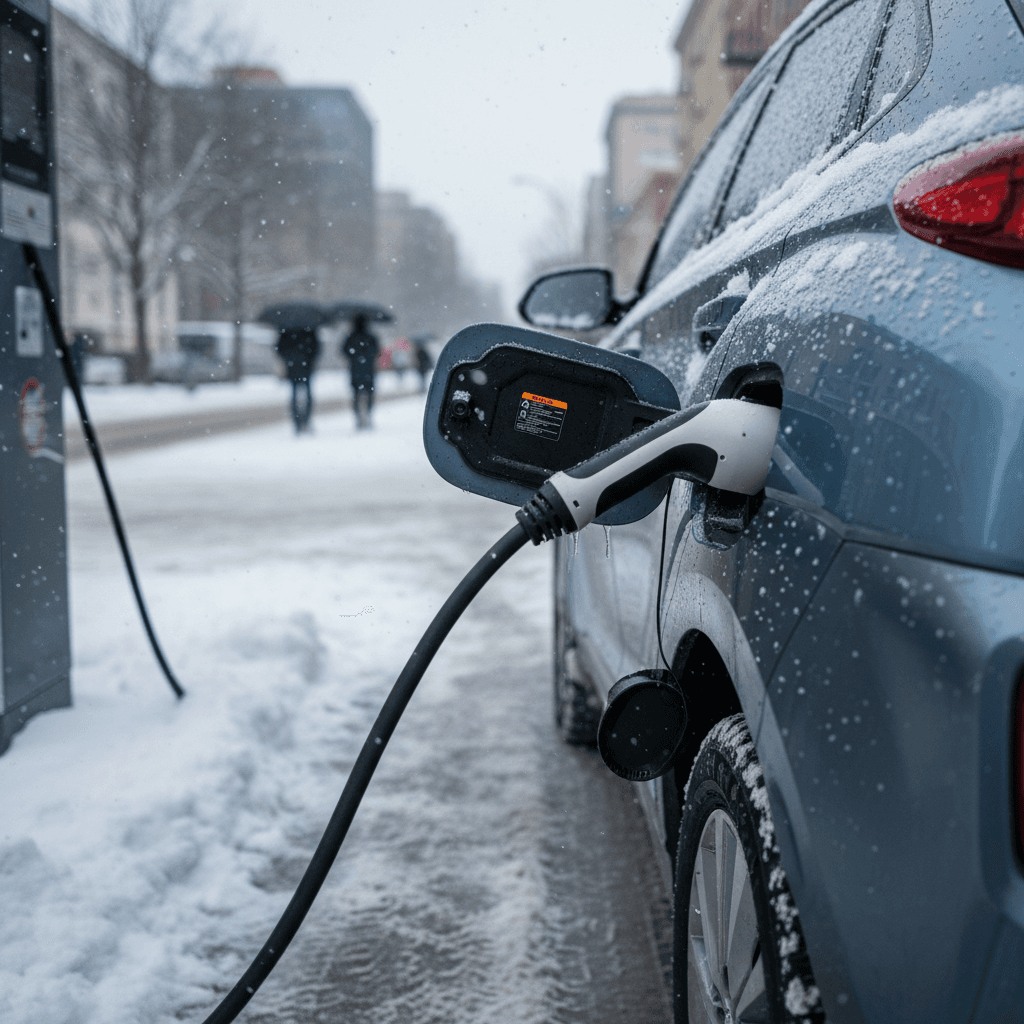 Nissan Ariya plugged into a fast charger in a snowy parking lot, illustrating winter charging and range concerns