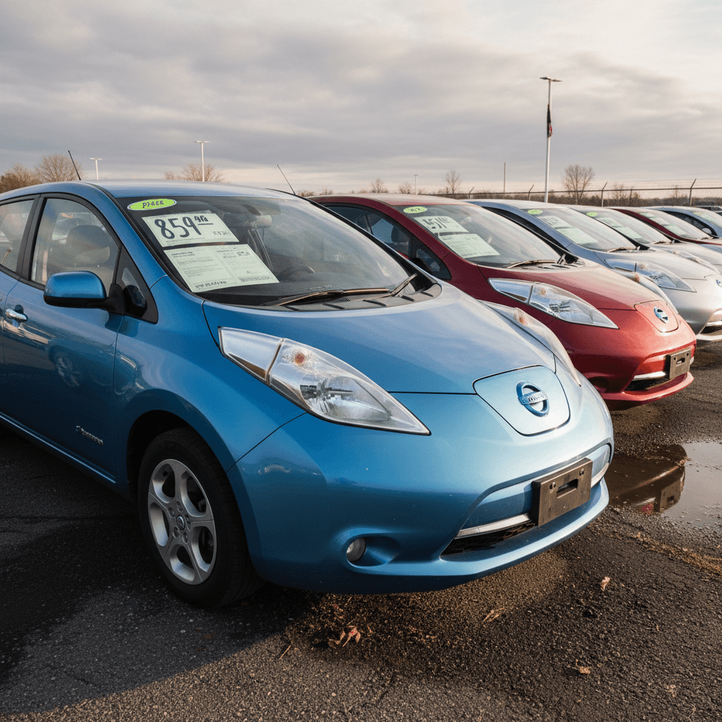 Row of used Nissan Leafs lined up on a dealer lot with price stickers on the windshields