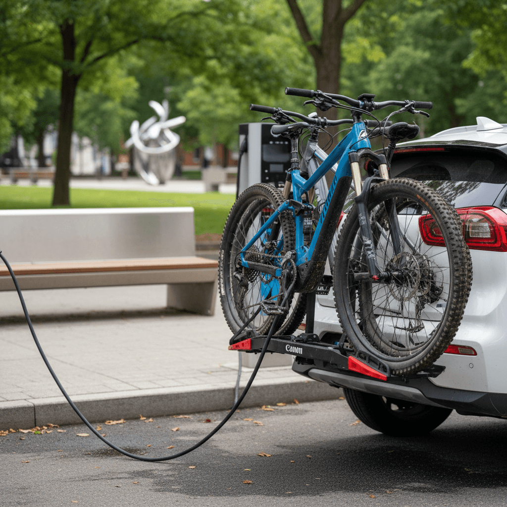 A compact Kia Niro EV style electric crossover charging at a public station with bicycles mounted on a rear hitch rack