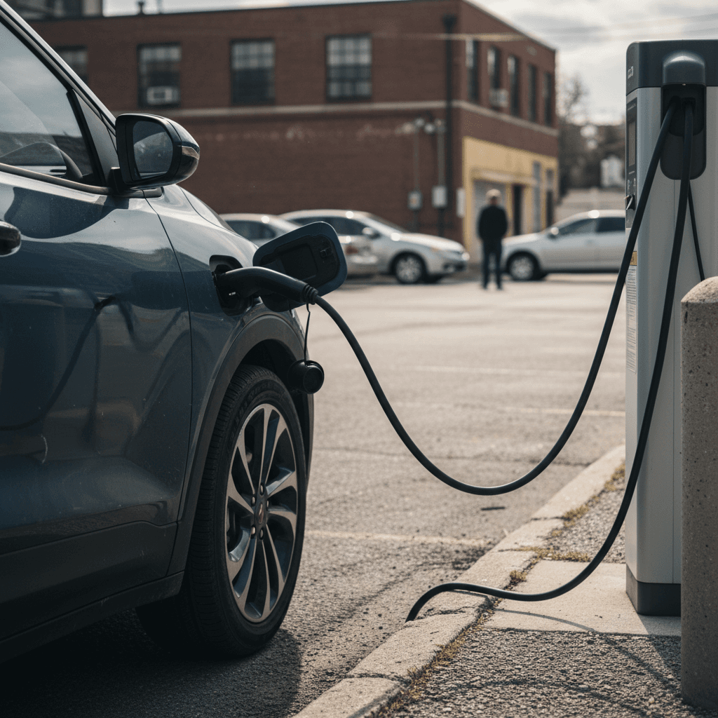 Closeup of an electric vehicle charging connector at a public charger in snowy winter conditions