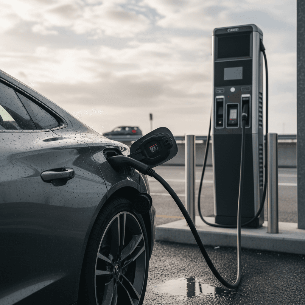 Audi e-tron GT plugged into a highway DC fast charger during a road trip