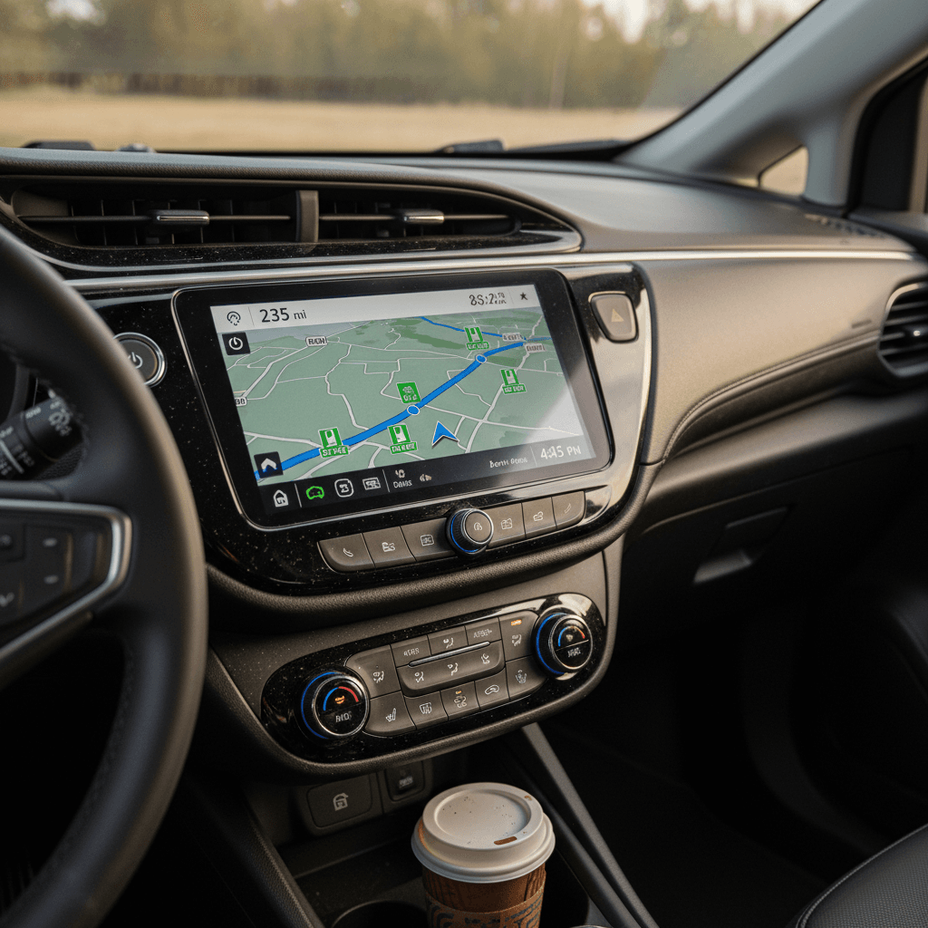 Chevrolet Bolt EUV interior with navigation and energy screens visible during a highway drive