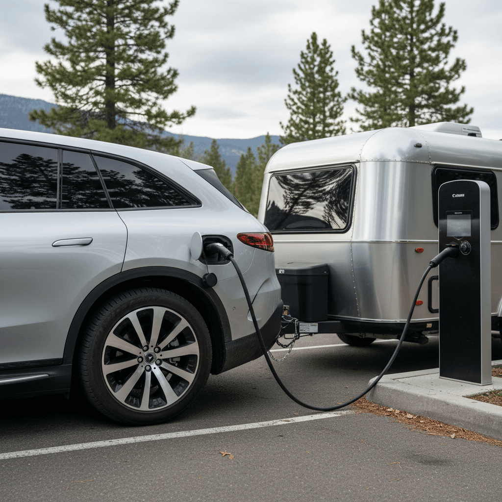 View from the driver’s seat of a Mercedes EQS cruising on the highway, with the Hyperscreen displaying navigation and charging stops for a long road trip