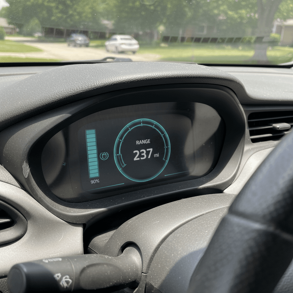 Chevrolet Bolt EV digital dashboard showing battery state of charge and remaining driving range