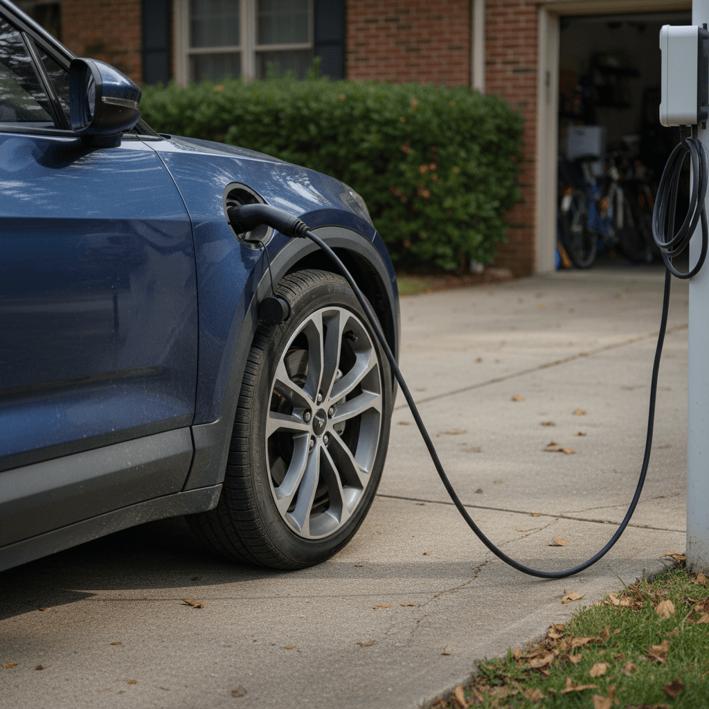 Fisker Ocean charging at a home Level 2 charger in a suburban driveway