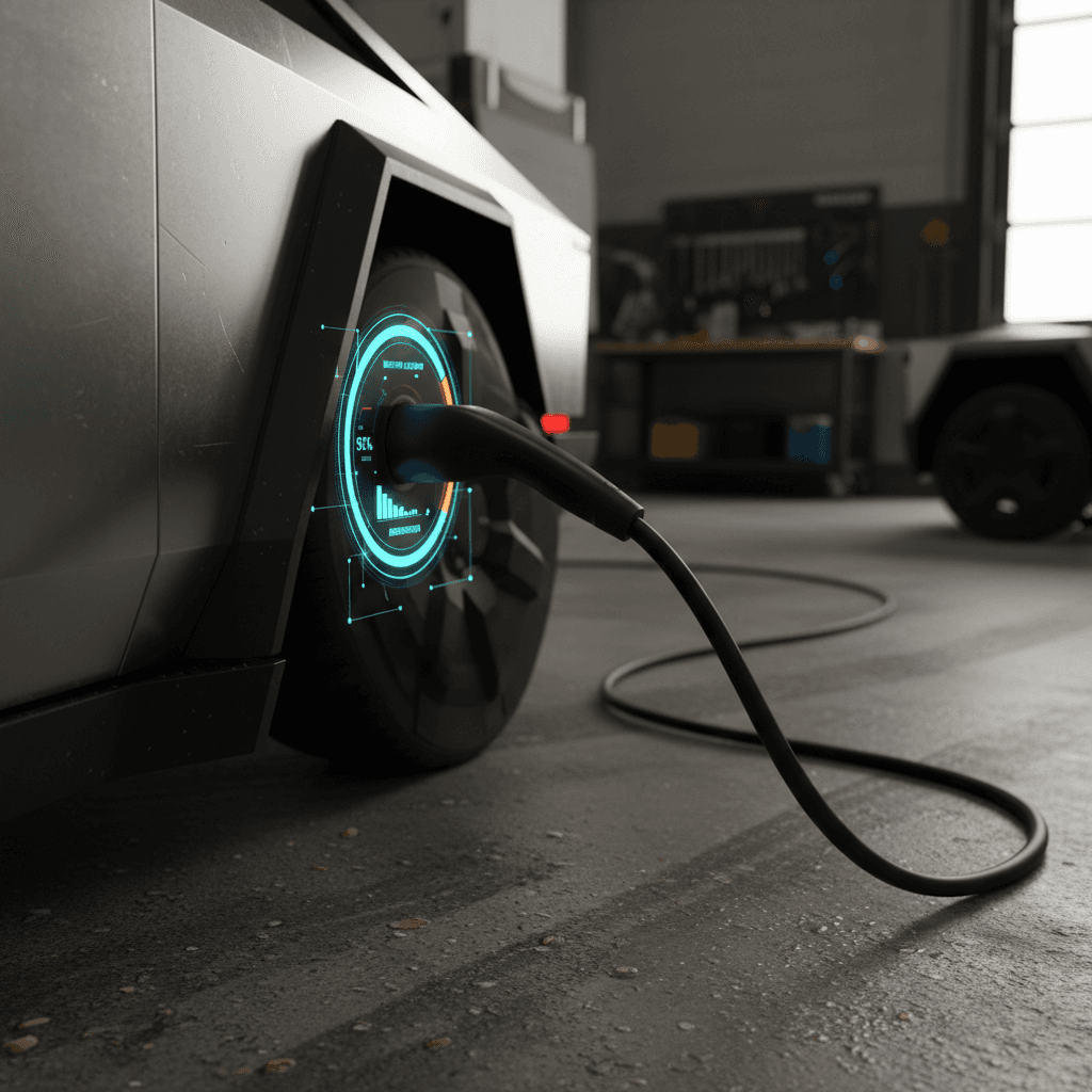 Tesla Cybertruck plugged into a fast charger with a battery health graphic overlay representing capacity over time