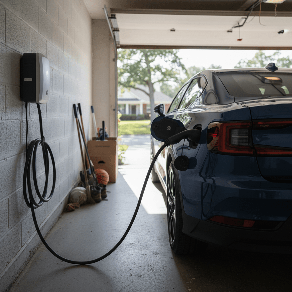 South Carolina homeowner charging an electric vehicle in a driveway, comparing EV charging costs with gas prices