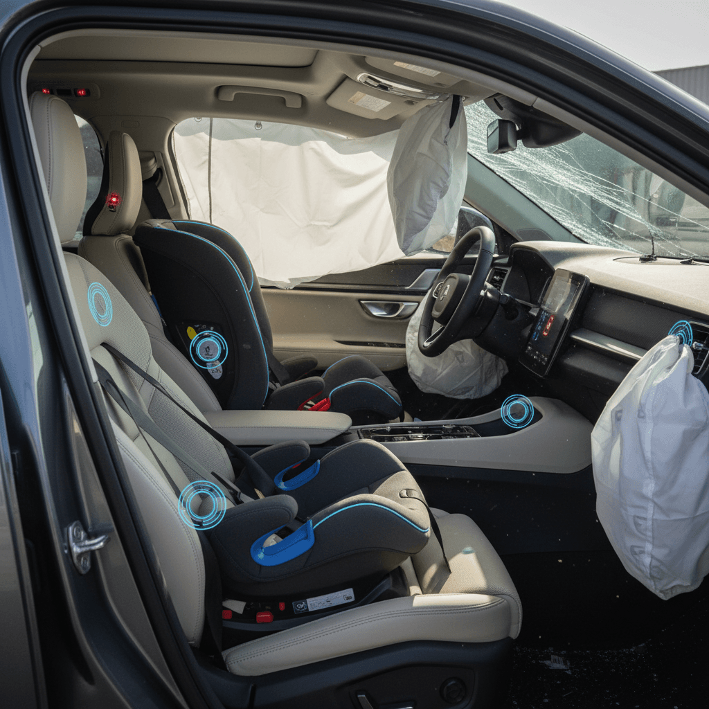 Polestar 3 interior with multiple airbags deployed around front and rear occupants, including child seats on the rear bench