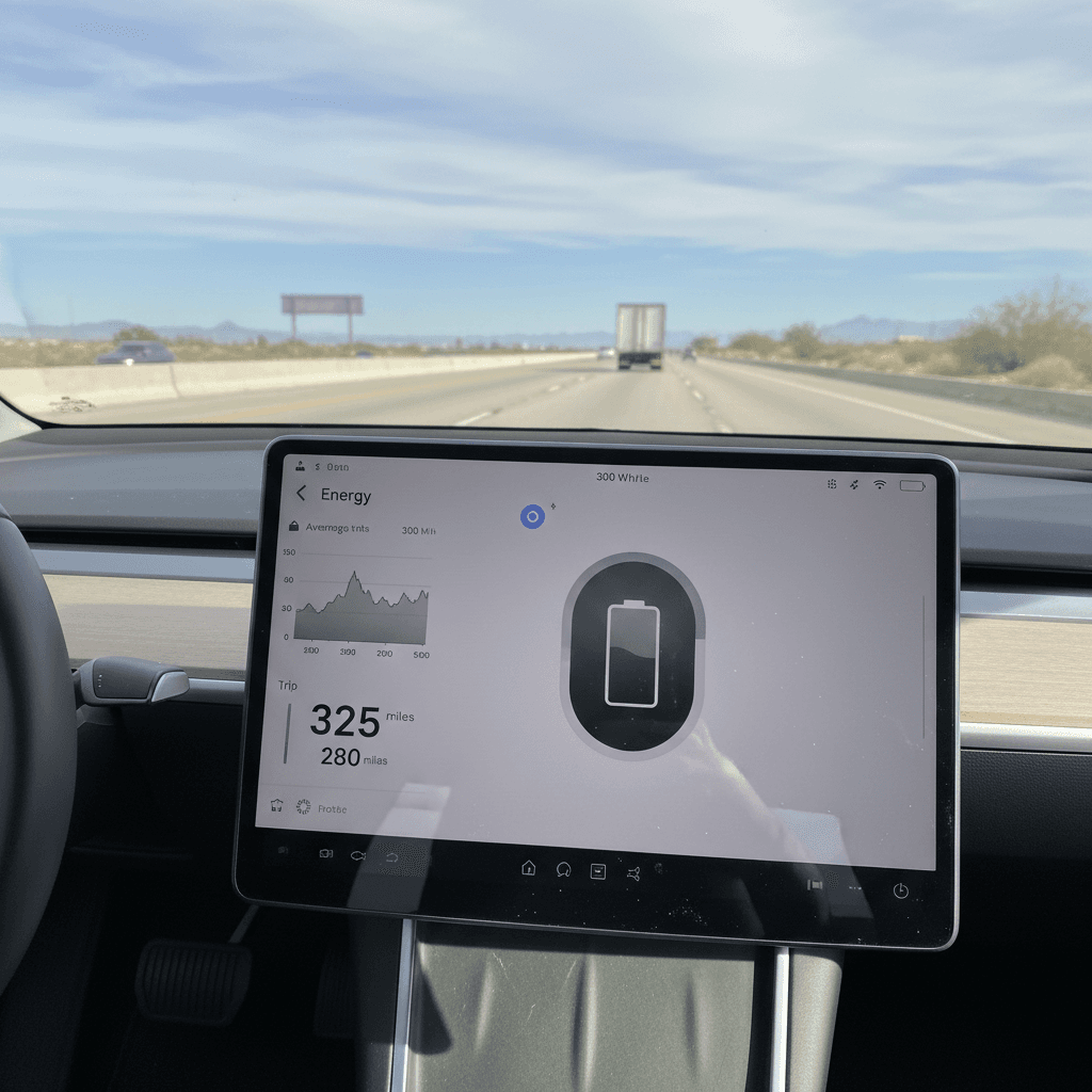 Kia EV6 driver display showing energy consumption and remaining range while cruising on the highway