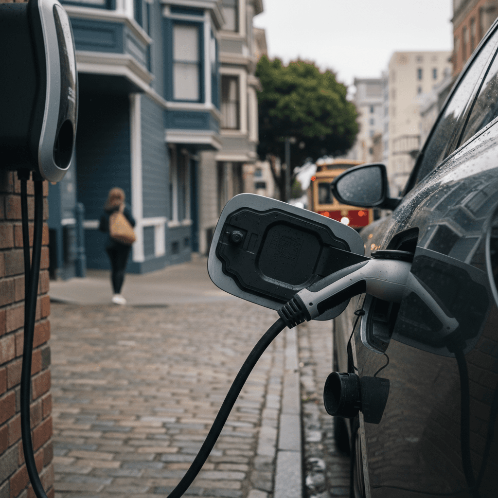 Electric cars charging at a station near the San Francisco Bay Bridge at dusk