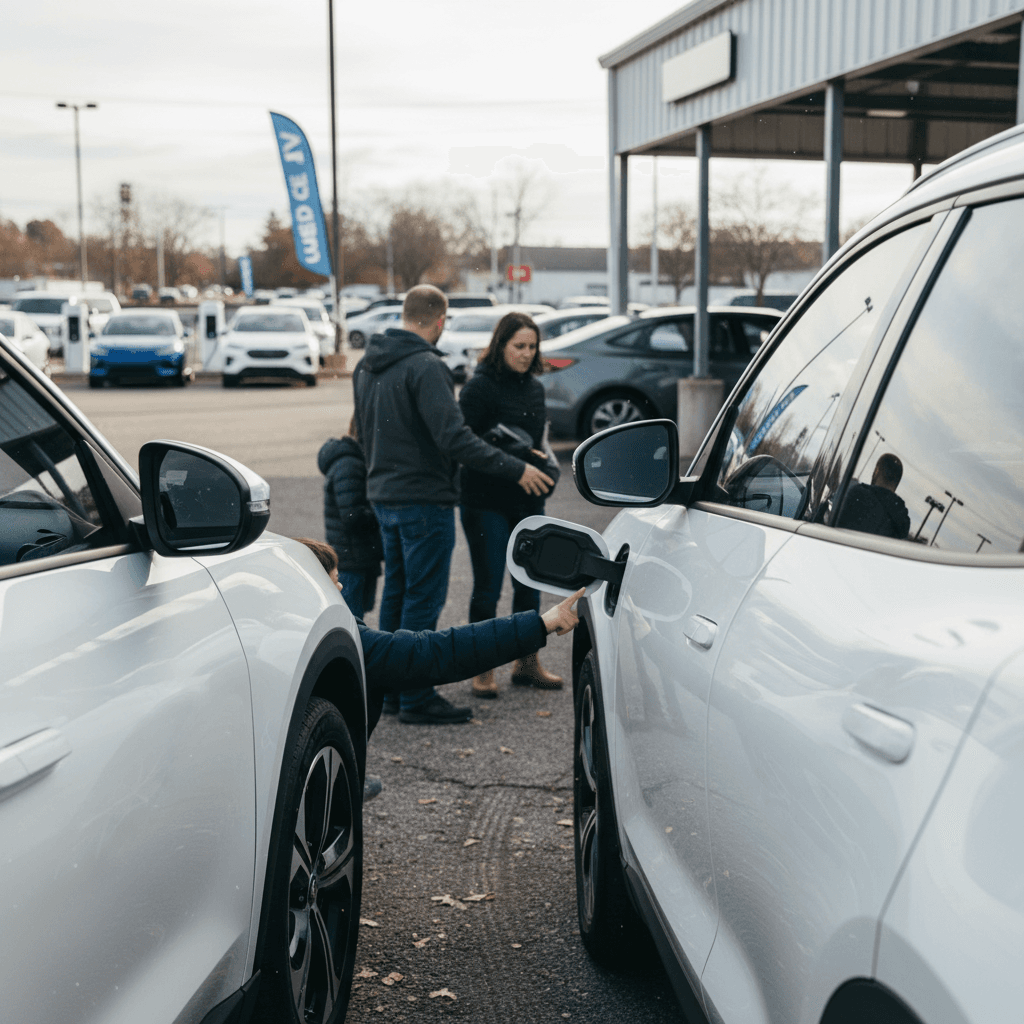 Parent and teen looking over a used electric car together on a dealership lot