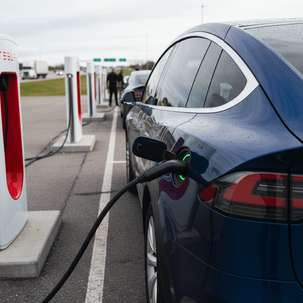 Tesla Model X plugged into a row of Superchargers at a highway rest stop