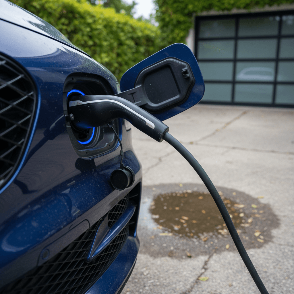 Genesis Electrified GV70 plugged into a home Level 2 charger, showing the charge status lights near the port