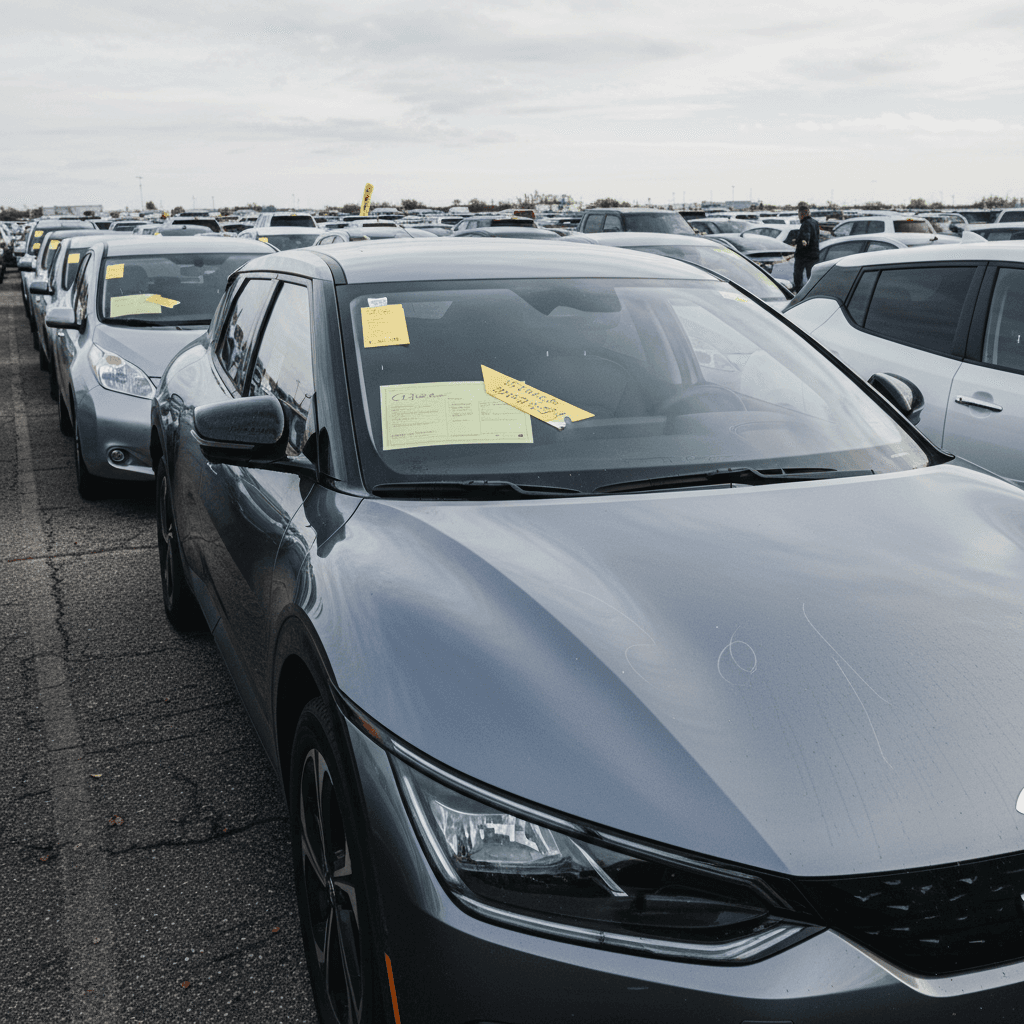 Row of used Kia EV6 crossovers parked on a dealer lot, with price stickers in the windows, illustrating real-world resale values after several years of ownership.