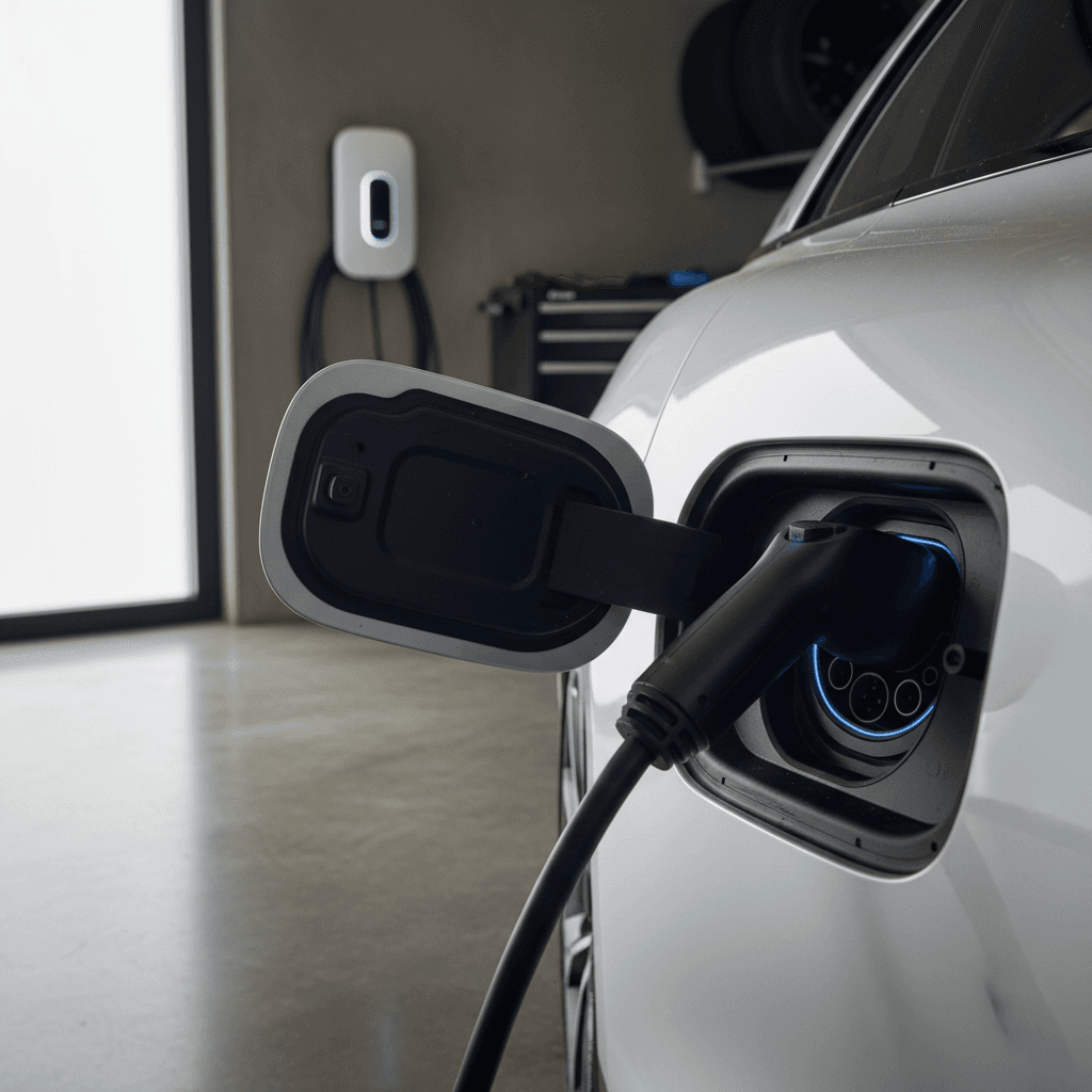 Lucid Air plugged into a home charger in a modern garage, showing charging status on the front light bar
