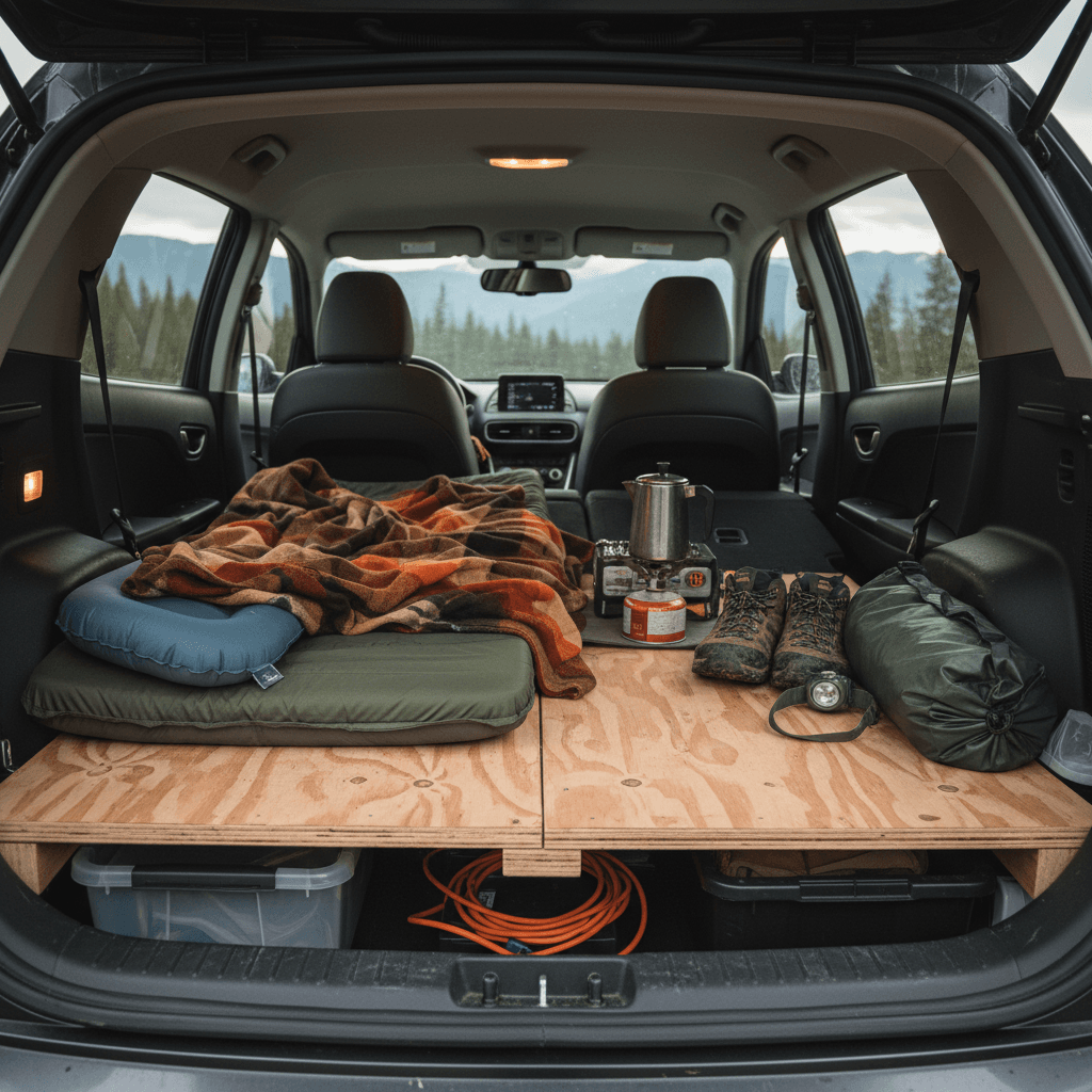 Sleeping platform and camping mattress set up in the rear of a Hyundai Kona Electric with the rear seats folded down