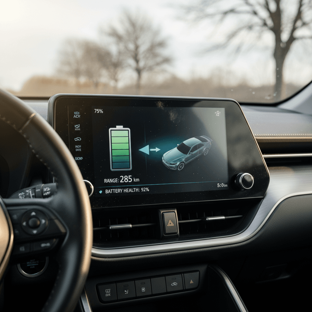 Toyota bZ4X interior showing the central infotainment screen with range and energy usage information displayed while the car is parked