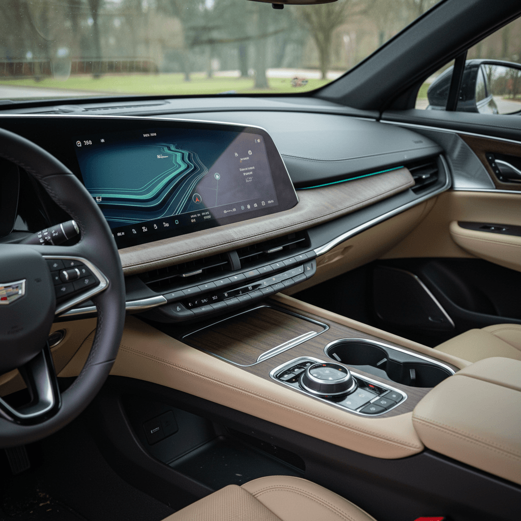 Interior of a Cadillac Lyriq highlighting its wide curved infotainment display and ambient LED lighting
