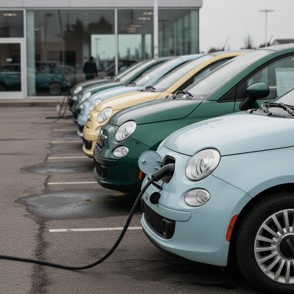 Row of used Fiat 500e electric cars parked in a lot with visible charging ports, illustrating typical resale values after several years